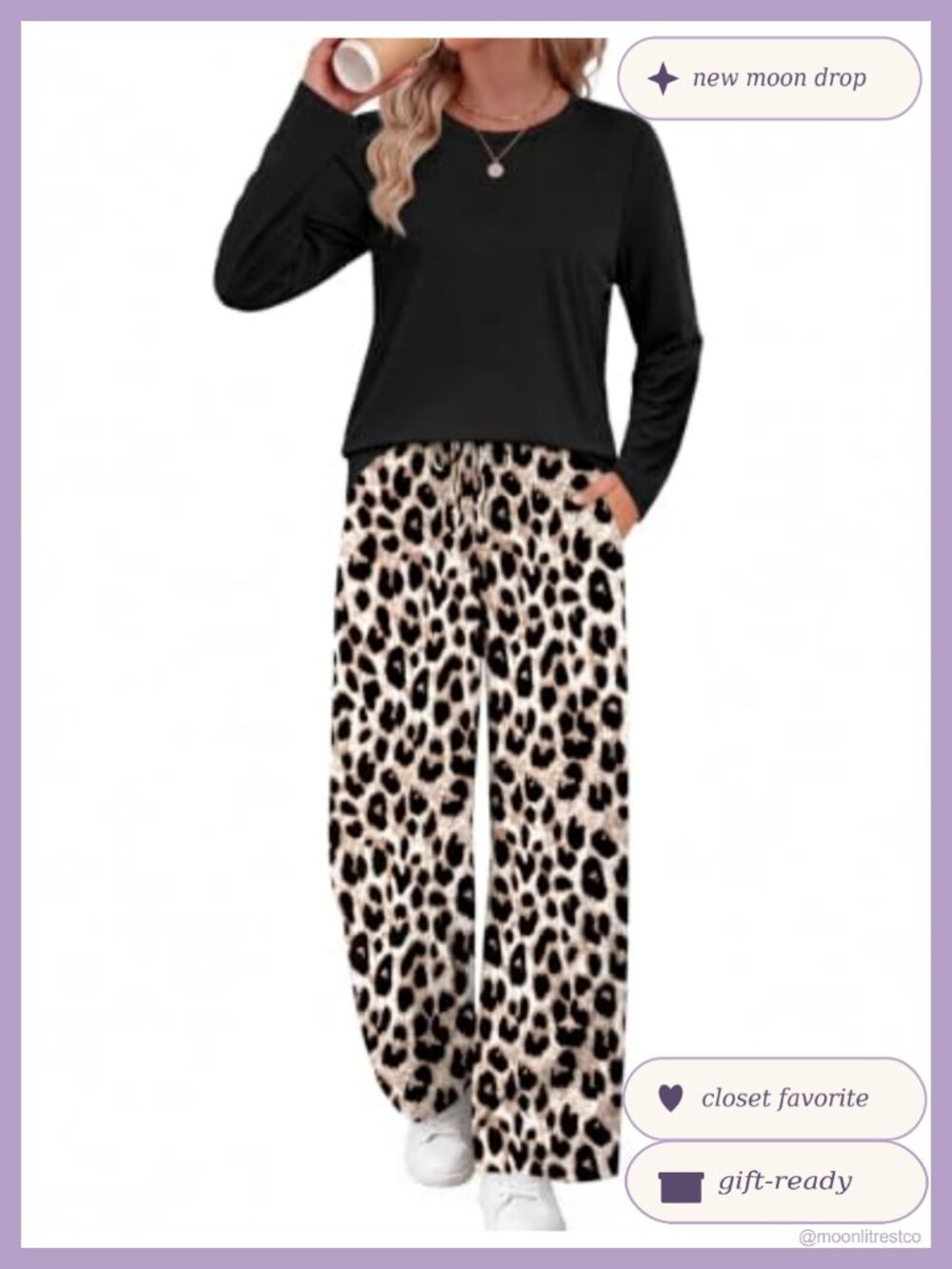 Two Piece Lounge Set Long Sleeve Top Wide Leg Pants Travel Casual Fall
